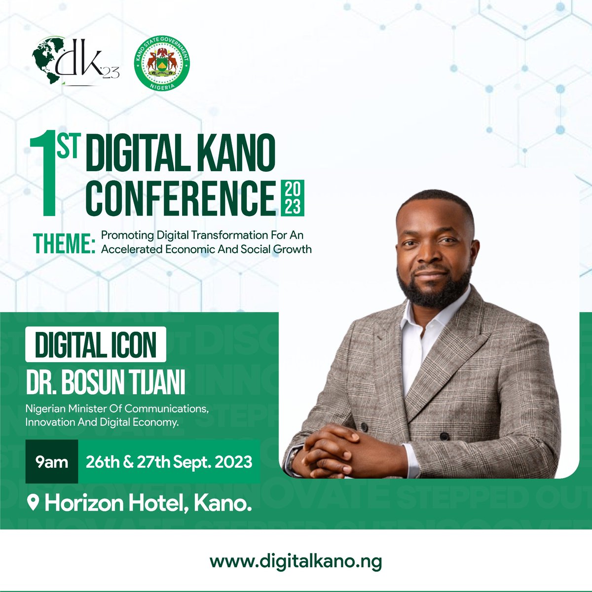 Alsudqee's tweet photo. Join us for the First Digital Kano Conference 2023, the first of its kind in Northern Nigeria. Explore the limitless possibilities of digital transformation in the heart of Kano State, Nigeria's economic powerhous @Kyusufabba @bosuntijani @KashifuInuwa
@DGKconference  @ndpcngr https://t.co/388CuUR6tN