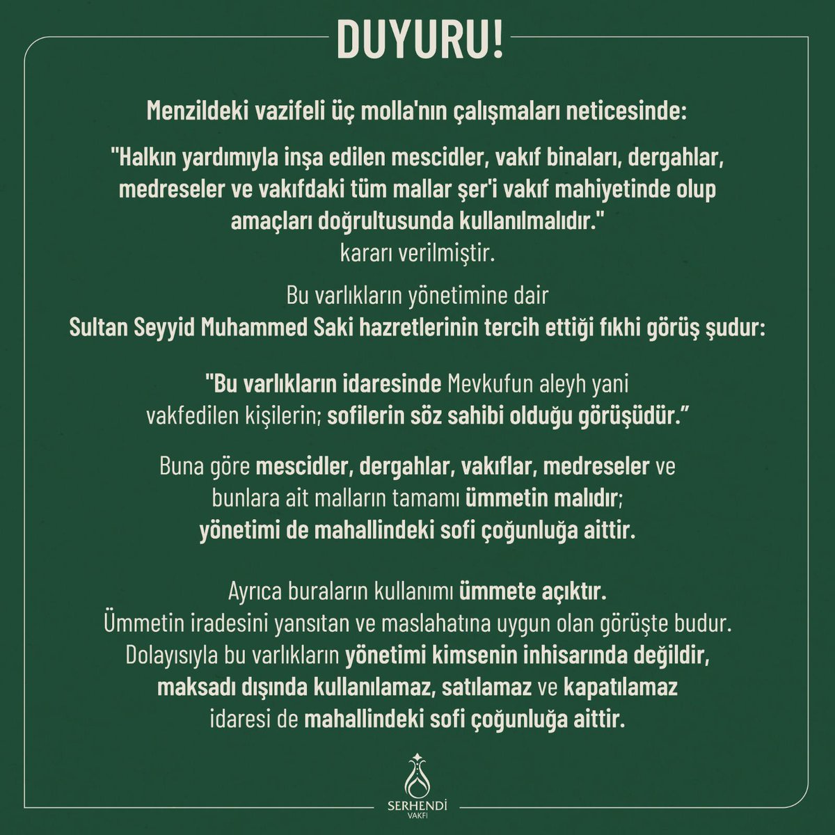 @MuhacirBey Ortak hũküm, vakıf malı oldukları ve ümmetin istifadesine ait oldyklarıdır. Yönetim konusunda Şafii mezhebi dahilinde ũç yol vardır. Kendi büyüğünüzün kanaatiyle nezaketle hareket ederseniz, büyüğümüzün kanaatiyle nezaketle cevap alırsınız.