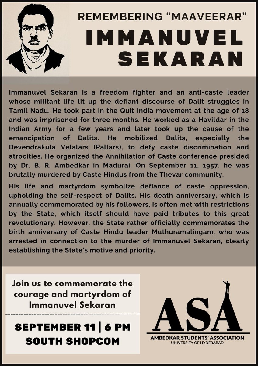 ASA_HCU's tweet photo. Remembering "Maaveerar" Immanuvel Sekaran!

Join us to commemorate the courage and martyrdom of Immanuvel Sekaran! 

September 11 | 6 PM | South Shopcom #JaiBhim #AsaHcu https://t.co/s9bNlDHlaa