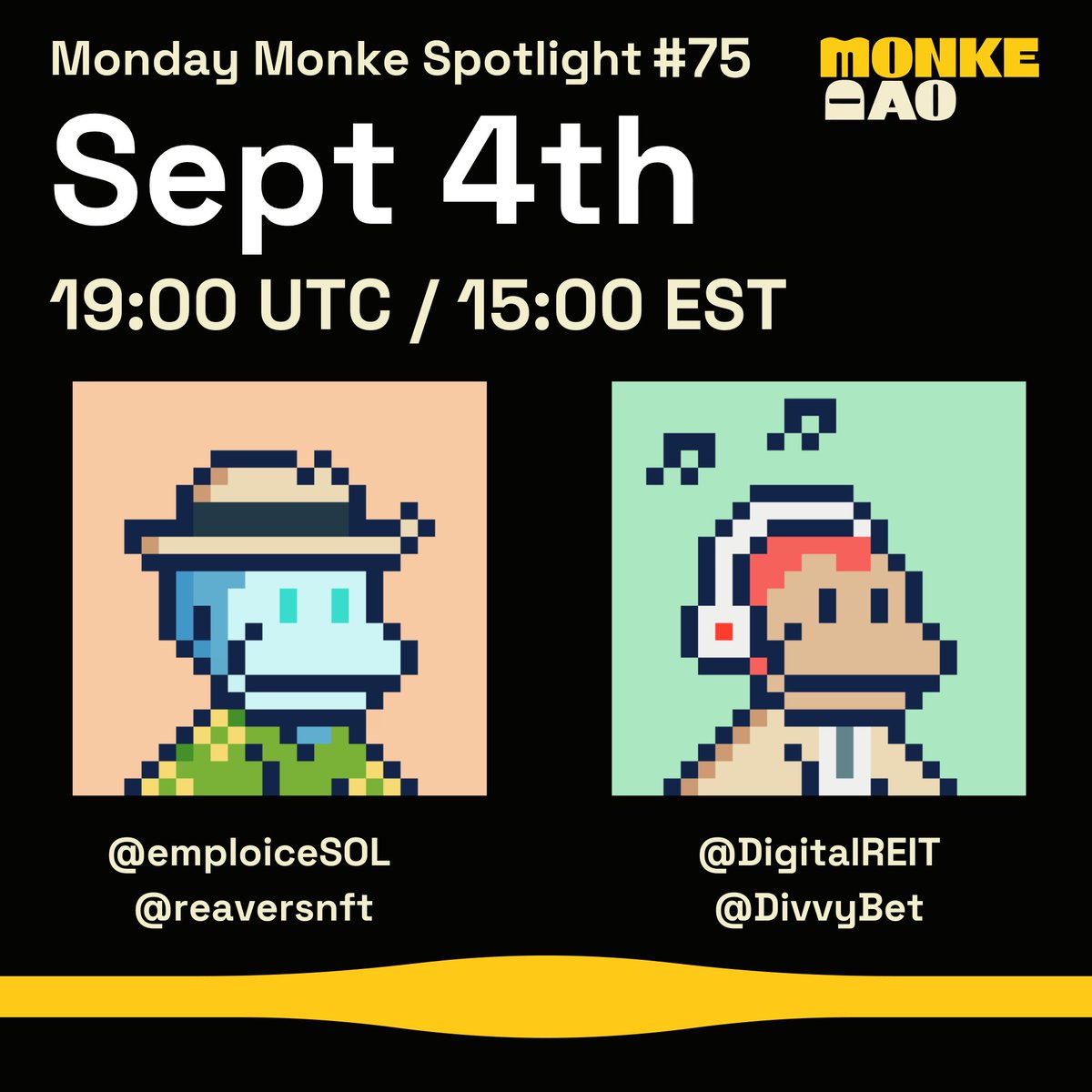 MonkeDAO's tweet photo. Monday Monke Spotlight is BACK!

Episode #75 of our (nearly) weekly Spaces provides Monkes a platform to speak about the cool stuff they are building or creating.

Our guests this week:

@emploiceSOL of @reaversnft
@DigitalREIT of @DivvyBet

Spaces link 👇 https://t.co/bHVN5lkgne