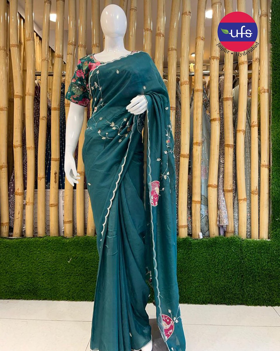 ufs_india's tweet photo. Elegance redefined! Elevate your style with UFS Stores' Russian silk blouse, a masterpiece of sophistication. Adorned with exquisite pearl and cut glass work, its floral print adds a touch of timeless charm to any ensemble. #uniquefancysarees #trending #DRESSES #lehenga #zariwork https://t.co/rJgcAZrsyR