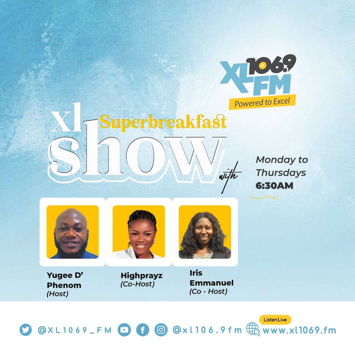 XL1069_FM's tweet photo. @YUGEEBAMIDELE x @thisispraisemba x Iris are back to kick-start your day with all your Monday morning starters!

Let's secure the bag together on #TheXLSuperBreakfastShow☕!!💰💪🏽

📌 WHAT ONE WORD DEFINES YOUR WEEKEND?🤔

Listen live🌍 here👇🏾
https://t.co/53wEDBfaur https://t.co/TtdqFzsvaY