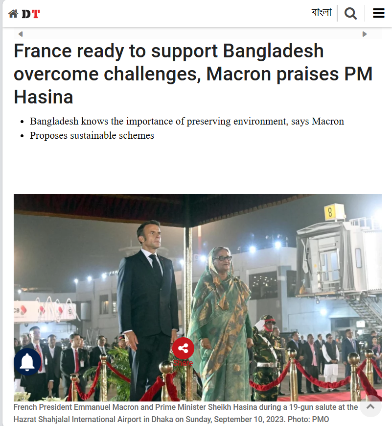 albd1971's tweet photo. In his first visit to Bangladesh, French President @EmmanuelMacron credited Prime Minister #SheikhHasina in her battle to help the country mitigate the adverse impacts of #climatechange. "You can count on France, and our full support", he said.
🌐 https://t.co/koEQwBN6Cj https://t.co/UJ86m4kmFO