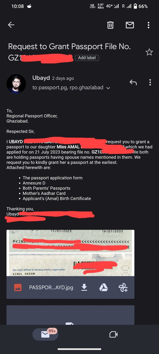 imubyd's tweet photo. @rpoghaziabad @MEAIndia @passportsevamea 
Respected Sir,

We have been waiting for our daughter's passport for almost two months now. We have resent you all the required documents over an email as screenshot below. Kindly grant her a passport at the earliest.

Thank you,
Ubayd https://t.co/9wfhl7dlBG