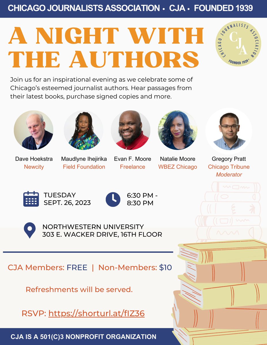 CJA_Updates's tweet photo. #CHICAGO #JOURNALISTS! Join us Tuesday, Sept. 26 as we celebrate some of the city’s esteemed journalist authors &amp; their recent literary works!

@DaveHoekstra66 @maudlynei @evanFmoore @natalieymoore @royalpratt

CJA members: FREE
Non-members: $10

RSVP: https://t.co/LqDUMG7T8S https://t.co/27Z6t8THcF