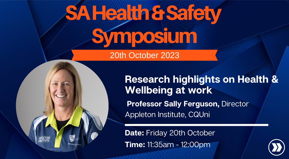 Australian Institute of Health & Safety (@aihs_ohs) on Twitter photo The AIHS is pleased to welcome Professor Sally Ferguson, Director of <a href="/CQUni_Appleton/">Appleton Institute</a> to the 2023 SA Health & Safety Symposium.
Sally will be presenting 'Research highlights on Health & Wellbeing at work'.
Register to join us here: bit.ly/3KTvIfD
#AIHSinSA #salus2023 The AIHS is pleased to welcome Professor Sally Ferguson, Director of <a href="/CQUni_Appleton/">Appleton Institute</a> to the 2023 SA Health & Safety Symposium.
Sally will be presenting 'Research highlights on Health & Wellbeing at work'.
Register to join us here: bit.ly/3KTvIfD
#AIHSinSA #salus2023