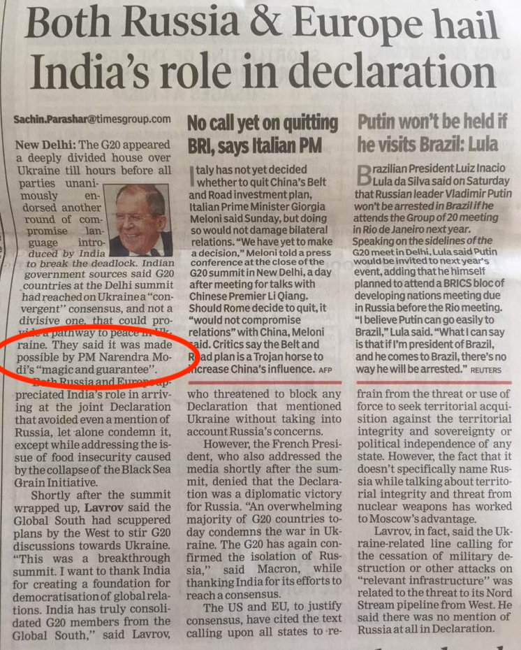 The G20 appeared a divided house over Ukraine till hours before the #DelhiDeclaration 

'It was made possible by the Narendra Modi magic & guarantee' 

Even the TOI-let paper is forced to accept this fact