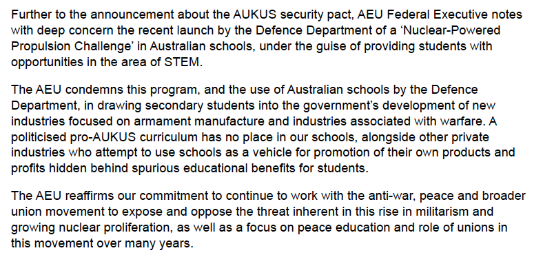 Hats off to @AEUfederal for a powerful resolution to protect children from harmful influence, oppose rising militarism, and continue the great tradition of union engagement with the #peace movement.