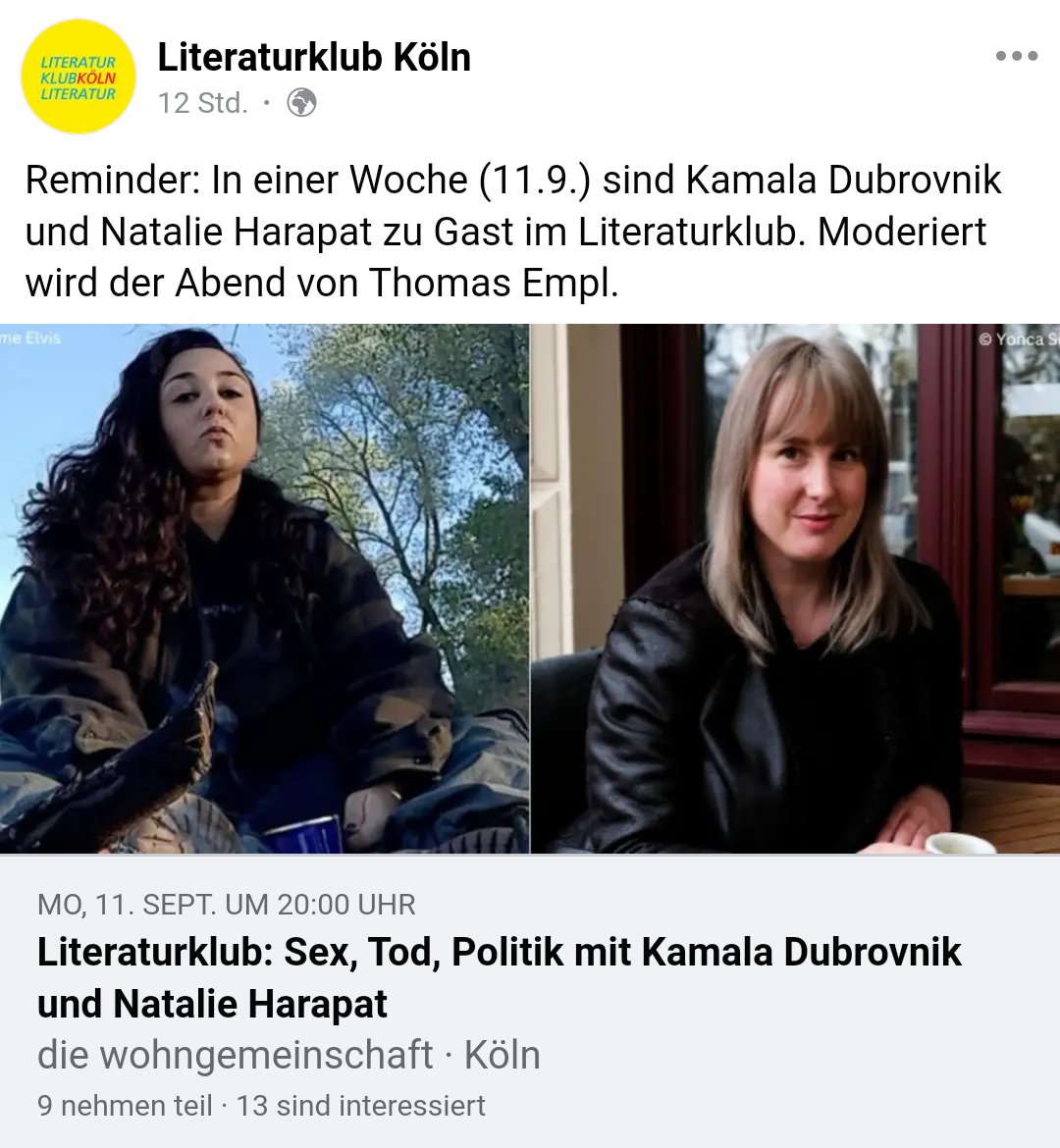 parasitenpresse's tweet photo. heute in #köln: #literaturklub mit kamala dubrovnik und natalie harapat, mod.: #thomasempl, theater die wohngemeinschaft, 20h https://t.co/LGGoBuHkga https://t.co/5qD44lpFSG