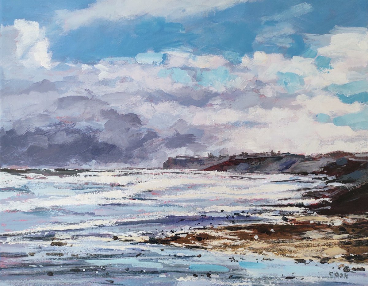 The view from Sandsend to Whitby on a blustery morning. 
#art #painting #northyorkshire #contemporaryart #contemporarylandscape #landscapepainting #northyorkmoors #fylingdalesgroupofartists #whitby #Sandsend