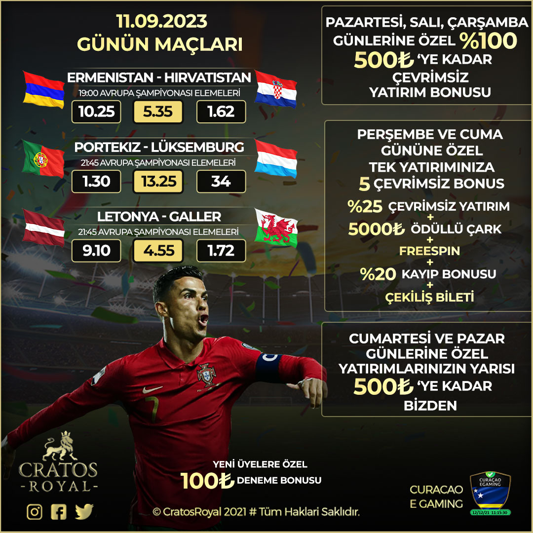 👑#CratosRoyalBet' te Her Gün 12:00 - 16:00 Arası Her Yatırıma %25 Bonus!

🏟Ermenistan - Hırvatistan
🏟Portekiz - Lüksemburg
🏟Letonya - Galler

🌟%30₺ Anlık Kayıp Bonusu!

✅ #Curacao Lisansı ile Ödeme Garantisi!

👉cratos.ws/giris
📺cratos.ws/TV