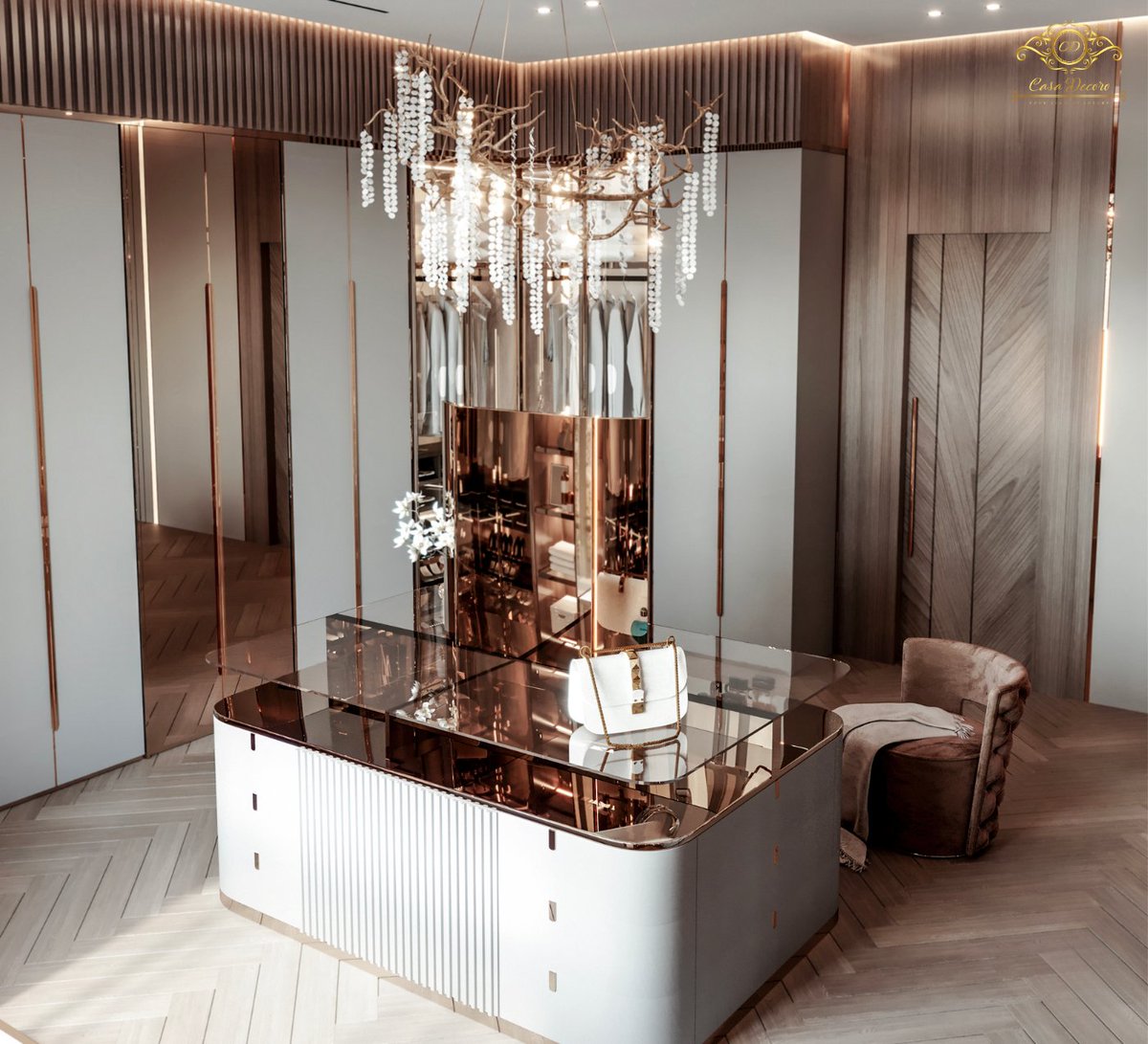 CasaDecoro's tweet photo. Step into Casa Decoro's luxury dressing bedroom, where reflections ooze sophistication and ensembles shine. Dress, impress, and revel in unmatched luxury. 🎭👗✨ #CasaDecoro #LuxuryDressingRoom #SuiteElegance #DressingRoomdesign #interiordesign #SubtleElegance #luxurystyle https://t.co/oyOT1fhRD2