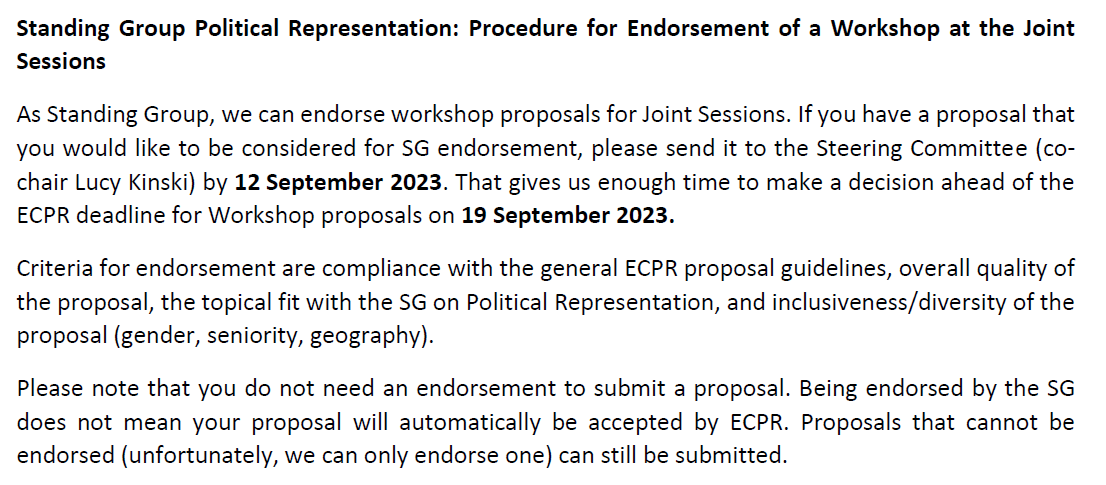 ECPR Standing Group on Political Representation (@ecpr_polrep) on Twitter photo REMINDER: Preparing a Workshop on #representation for the <a href="/ECPR/">European Consortium for Political Research</a> Joint Sessions 2024? Want endorsement by our Standing Group? Send us your proposal by tomorrow, end of day! 👇#ecprjs24 REMINDER: Preparing a Workshop on #representation for the <a href="/ECPR/">European Consortium for Political Research</a> Joint Sessions 2024? Want endorsement by our Standing Group? Send us your proposal by tomorrow, end of day! 👇#ecprjs24