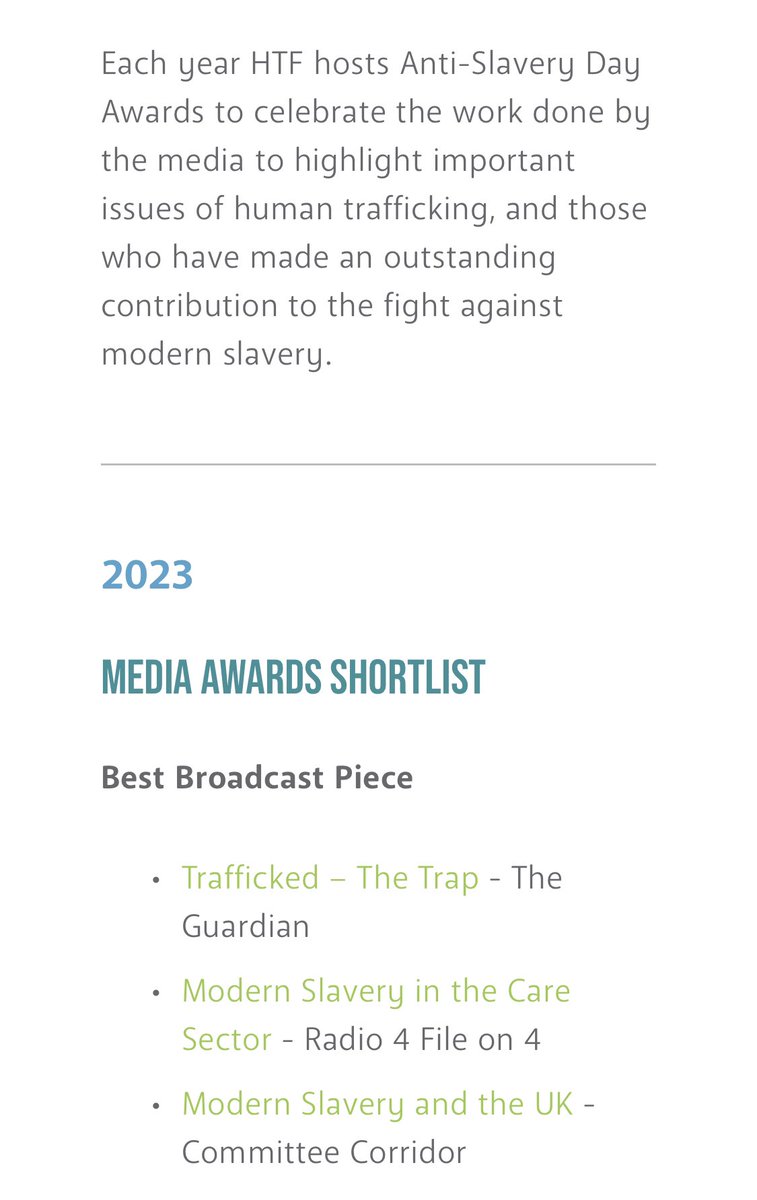 Datshiane (@datshiane) on Twitter photo Really honoured our <a href="/BBCRadio4/">BBC Radio 4</a> #Fileon4 exposing modern slavery in the care sector has been shortlisted for the <a href="/HumanTraffFdn/">HumanTraffickingFdn</a> Anti-Slavery Day Awards.
None of this would be possible without ‘Terri’ who trusted us to tell her story and the many others we spoke to in its making Really honoured our <a href="/BBCRadio4/">BBC Radio 4</a> #Fileon4 exposing modern slavery in the care sector has been shortlisted for the <a href="/HumanTraffFdn/">HumanTraffickingFdn</a> Anti-Slavery Day Awards.
None of this would be possible without ‘Terri’ who trusted us to tell her story and the many others we spoke to in its making