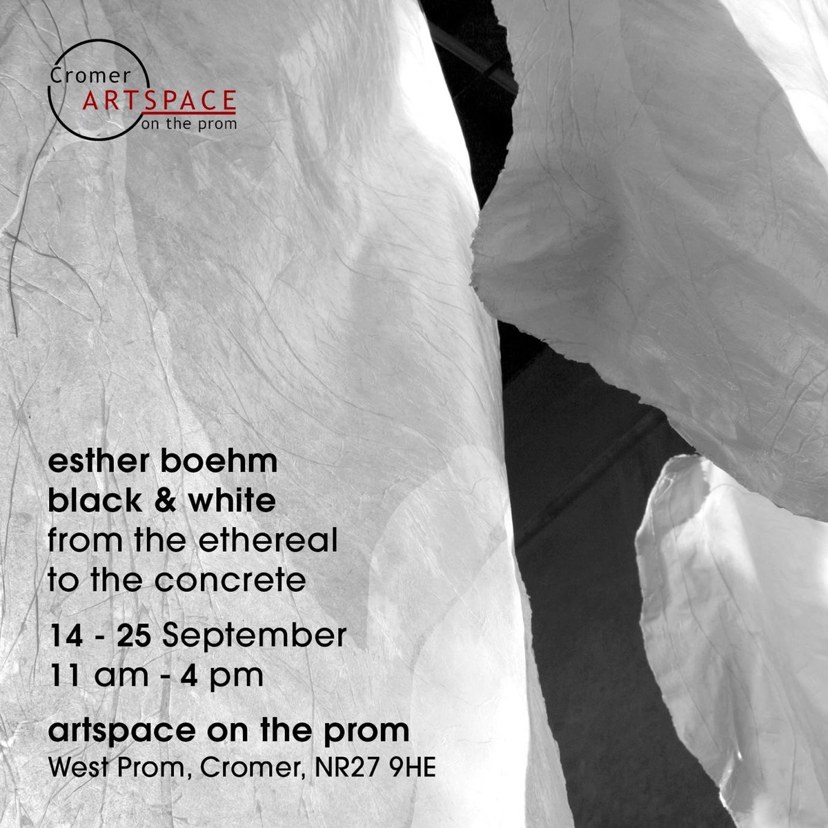 CromerArtspace's tweet photo. Black and White: From the Ethereal to the Concrete
Starting Thu 14 Sep
Esther Boehm
An installation consisting of large scale seemingly floating objects which are viewed from below. 
#CromerArtspace
https://t.co/8tdUkT3aCv https://t.co/eLb8uB18ot