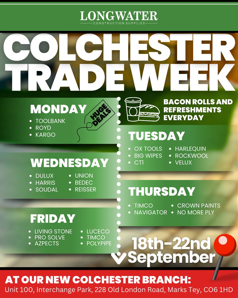 📣ONE WEEK TO GO📣
 
Consider this your reminder for our Trade Week at our Colchester Branch this September 18th-22nd🎉

Join us Monday-Friday for EXCLUSIVE offers, plus FREE bacon rolls and refreshments every day!

📍 goo.gl/maps/Zcu1jFLMT…