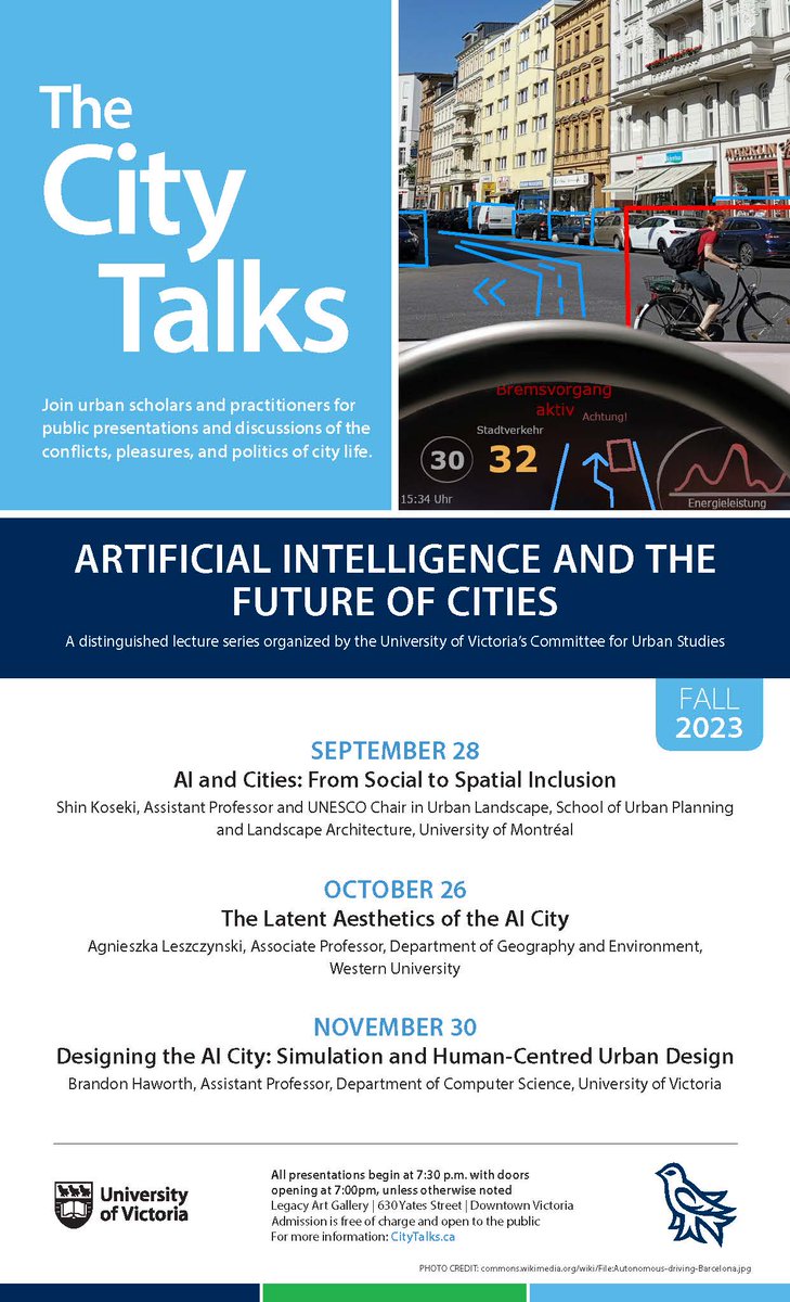 citytalks's tweet photo. Join us for the Fall 2023 series of the City Talks on the theme of "Artificial Intelligence and the Future of Cities," including lectures by @shinkoseki @agaleszczynski &amp; @mbhaworth. Check it out! @UVicSocialSci @UVicHumanities @UVicEngineering @uvic @UVicGeog  @TheMartlet https://t.co/nuzRBxzd9H