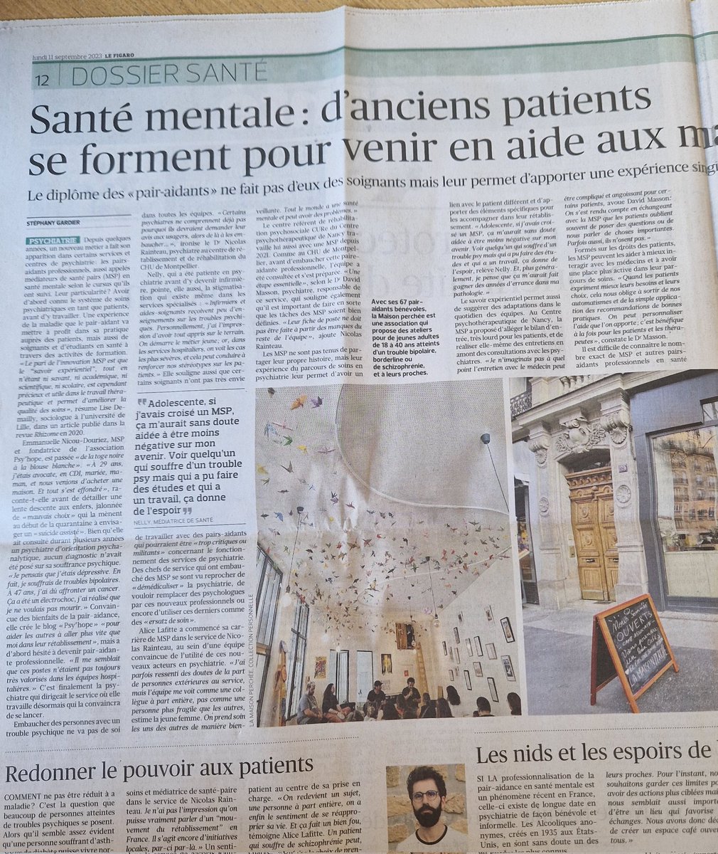 David Masson (@psy_massondavid) on Twitter photo "Santé mentale: d'anciens patients se forment pour venir en aide aux malades"
Quelle plaisir de lire ce beau dossier sur la pair-aidance en #psychiatrie dans <a href="/Le_Figaro/">Le Figaro</a> d'aujourd'hui! On y parle de cette expérience avec <a href="/NicolasRainteau/">Nicolas Rainteau</a> et <a href="/LaMaisonPerchee/">La Maison Perchée</a>
lefigaro.fr/sciences/sante… "Santé mentale: d'anciens patients se forment pour venir en aide aux malades"
Quelle plaisir de lire ce beau dossier sur la pair-aidance en #psychiatrie dans <a href="/Le_Figaro/">Le Figaro</a> d'aujourd'hui! On y parle de cette expérience avec <a href="/NicolasRainteau/">Nicolas Rainteau</a> et <a href="/LaMaisonPerchee/">La Maison Perchée</a>
lefigaro.fr/sciences/sante…