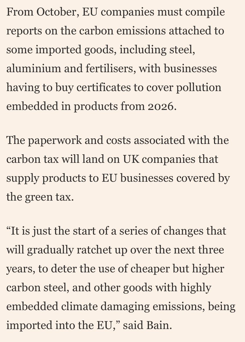 Peter Foster (@pmdfoster) on Twitter photo There’s also the coming joy of carbon border taxes which will mean UK biz providing EU importers with compliance documents — more friction per BCC’s <a href="/William_Bain/">William Bain</a> Flint Global’s <a href="/SamuelMarcLowe/">Sam Lowe</a> and EY’s <a href="/GeorgeMRiddell/">George Riddell</a> 2/2 There’s also the coming joy of carbon border taxes which will mean UK biz providing EU importers with compliance documents — more friction per BCC’s <a href="/William_Bain/">William Bain</a> Flint Global’s <a href="/SamuelMarcLowe/">Sam Lowe</a> and EY’s <a href="/GeorgeMRiddell/">George Riddell</a> 2/2