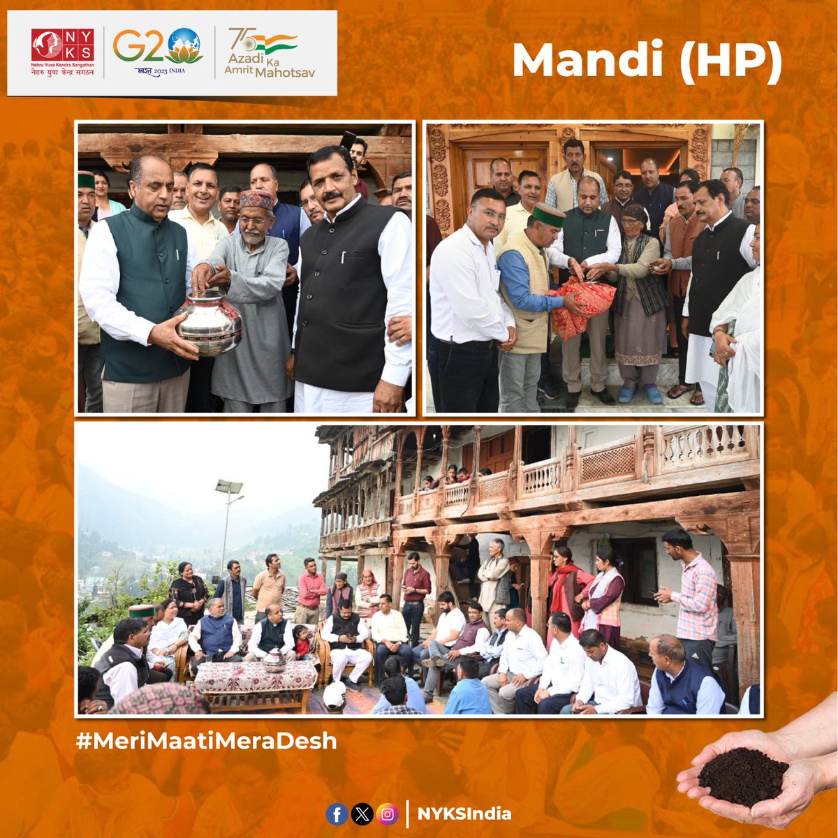 MYBharatHQ's tweet photo. पूर्व मुख्यमंत्री एवं नेता प्रतिपक्ष श्री जयराम ठाकुर(@jairamthakurbjp) जी द्वारा  #MeriMaatiMeraDesh अभियान के अंतर्गत मंडी जिले के सराज में अमृत वाटिका हेतु माटी एकत्रित कर अमृत वाटिका के निर्माण में योगदान दिया गया। 

#VeeronKaVandan #SaluteToTheBrave #AmritVatika https://t.co/ctK2OzVHA4