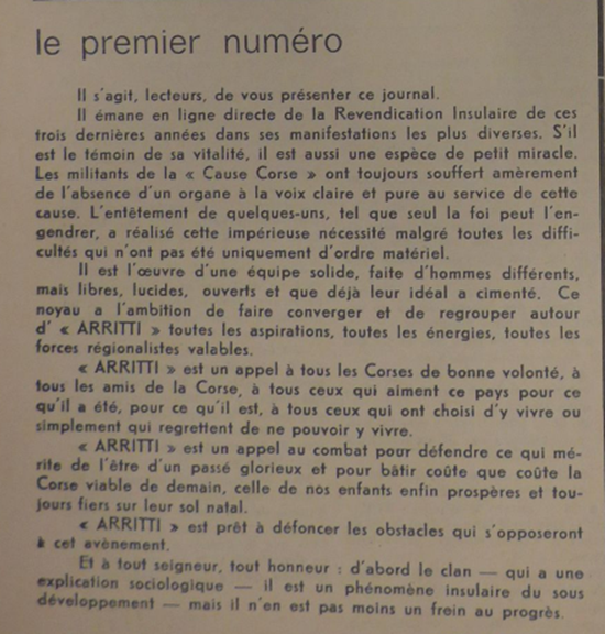AndreFazi's tweet photo. Max Simeoni sera inhumé aujourd'hui.
Voici son 1er éditorial dans le 1er numéro du journal @Arritti qu'il a lancé en 1966.
Il est signé J. S. pour Jules Simeoni. Jules était son 1er prénom, qu'il avait choisi d'utiliser pour dissocier activités professionnelles et militantes. https://t.co/9p9UJmoXCF