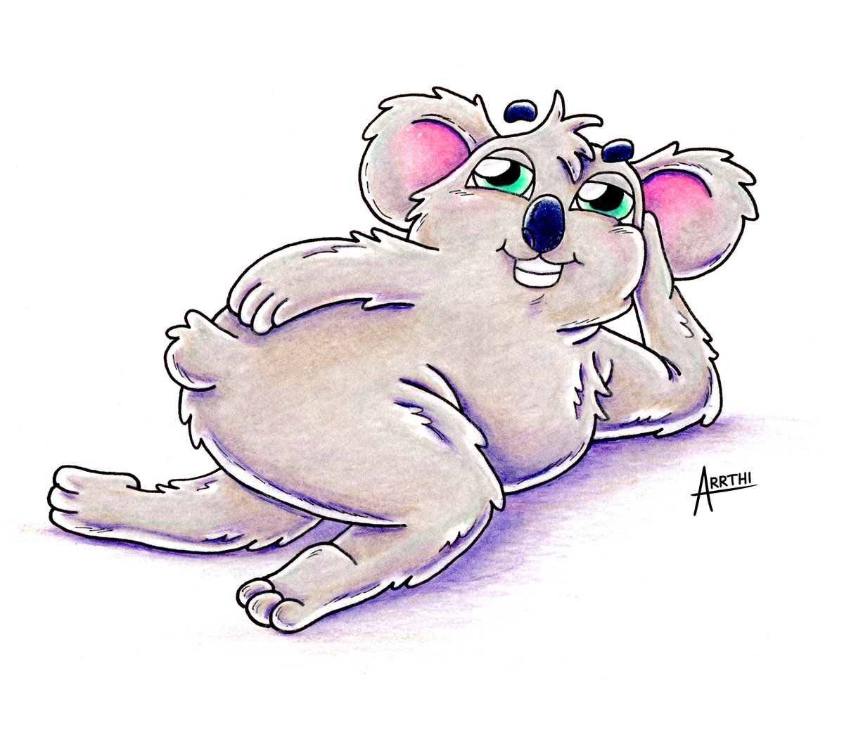 My <a href="/AnimalAlphabets/">Animal Alphabets</a> drawing for Koala 🐨 . Ooh la la...someone's lookin fine 😳🤣  Hope y'all feelin as good as this furry fella. Happy AA Monday everyone! 😎🐨⭐️🌟✨✨✨#AnimalAlphabets #kidlit #characterdesign #kleinekunstklasse #cartoon #drawing #arrthi