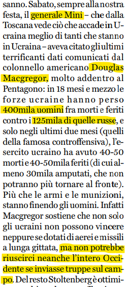 Oggi #Travaglio sul #fattoquotidiano cita Douglas Macgregor (fonte "molto addentro al Pentagono") secondo il quale la guerra avrebbe provocato 400.000 vittime contro le 125.000 russe e non potrebbe essere vinta neanche "se l'intero Occidente inviasse truppe sul campo." Peccato