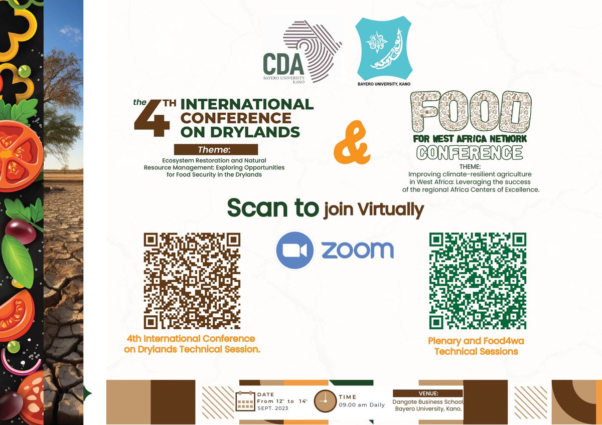Food4wa's tweet photo. Scan to join 4th CDA International Conference and Food4 West Africa Conference virtually #DrylandsConference
#EcosystemRestoration #NaturalResourcesManagement
#FoodSecurity
#DrylandsResearch
#SustainableDevelopment
#ClimateAction
#DrylandEcology
#ResilientCommunities https://t.co/1K5SiIWo53