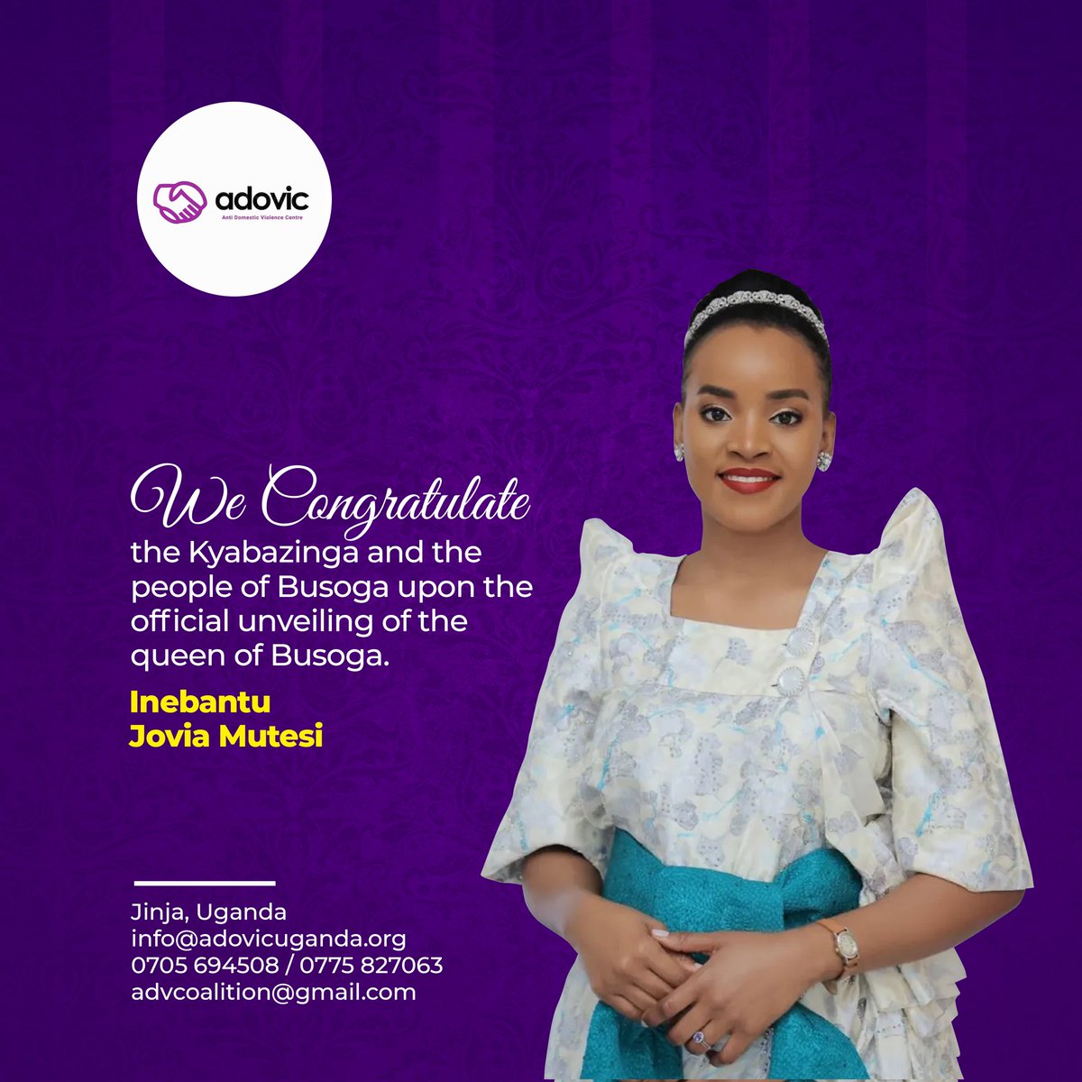 ADOVICUganda's tweet photo. As we begin the New Week, we continue to celebrate the unveiling of our Queen of Busoga the Inebantu Her Royal Highness Jovia Mutesi and congratulate Isebantu Kyabazinga wa Busoga upon this new journey.

We wish you all a Happy New Week free from Domestic Violence !!! https://t.co/axeBekeoOe