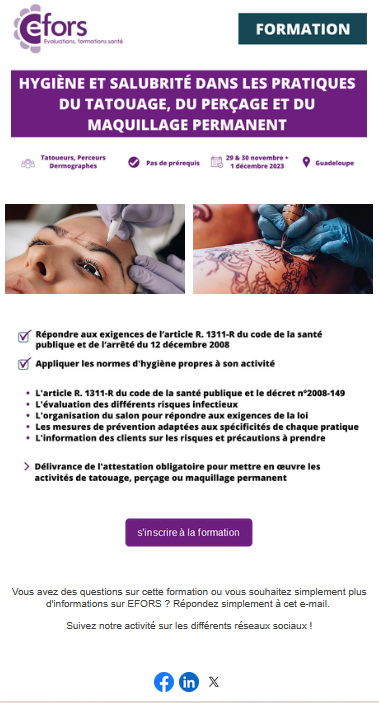 EFORS34's tweet photo. Efors met en place une formation d'hygiène et salubrité dans les pratiques du tatouage, du perçage corporel et du maquillage permanent.  Pour plus de renseignement contacter nous au 0467134315 ou contact@efors.fr 
#efors #formationhygieneetsalubrite #martinique #Guadeloupe https://t.co/q5LWjd8Ku1