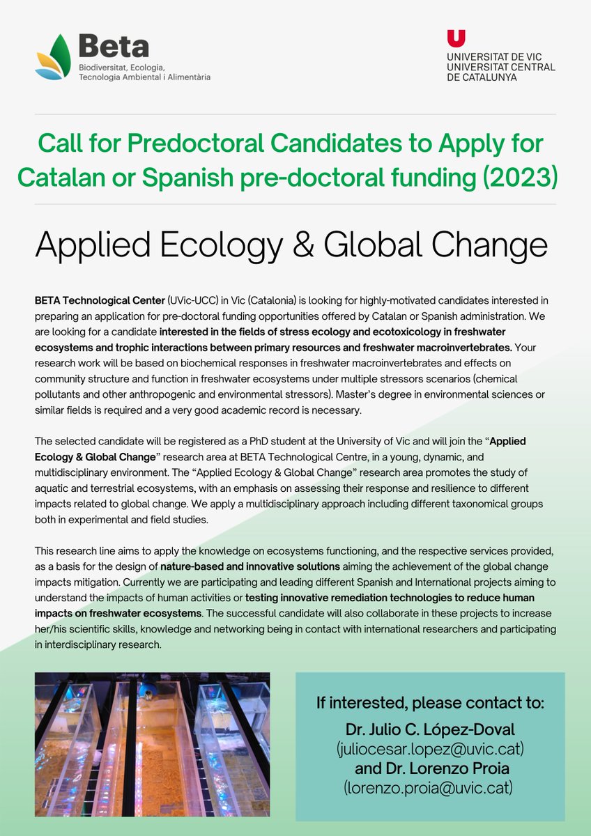 🚨   🚨   🚨
Are you interested in starting your scientific career as a pre-doctoral student?

Are you interested in #FreshwaterEcology and #ecotoxicology?

Are you looking for a young, dynamic and motivated research group?

This offer interests you ‼️

👇👇👇