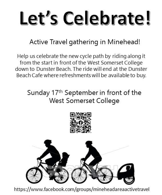 Next Sunday 17th September.  Cycle Minehead to Dunster with the Minehead active travellers!  Refreshments available at Dunster Beach cafe.  <a href="/DunsterBeach/">Dunster Beach Holidays</a> <a href="/DunsterBeachHut/">Holi Moli</a>
<a href="/bwcyclecampaign/">Bridgwater Area Cycling Campaign</a> 
<a href="/DanielMumby/">Daniel Mumby</a> 
<a href="/tauntonareacyc1/">Taunton Area Cycling</a>