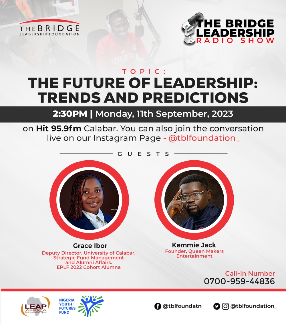 TBLFoundation's tweet image. Make sure to tune in to our monthly radio talk show today, September 11, 2023, at Hit95.9FM. We&apos;ll be joined by Grace Ibor and Kemmie Jack to discuss &quot;The Future of Leadership: Trends and Predictions.&quot; 

This conversation is bound to offer valuable insights!
#TBLF #LAP2023