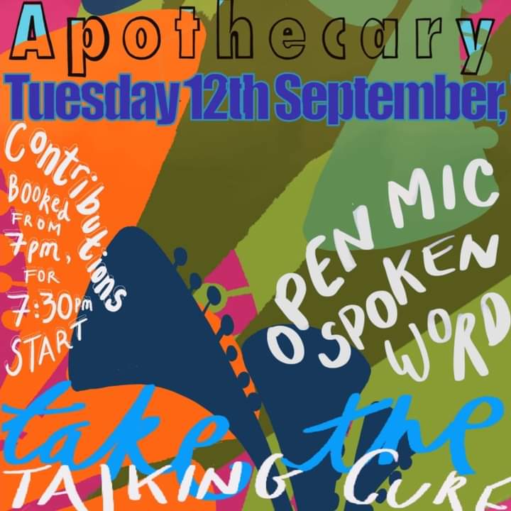 Apothecary in the Red Brick Cafe, Bridport ❤️. Spoken word open mic on Tuesday 12th September. Cash only. £2 for performers, £3 for audience. 7pm sign up (no earlier please!) for performers, 7.30pm start. 

Prose, poetry, songs.... as long as it's yours, we'd like to hear it!