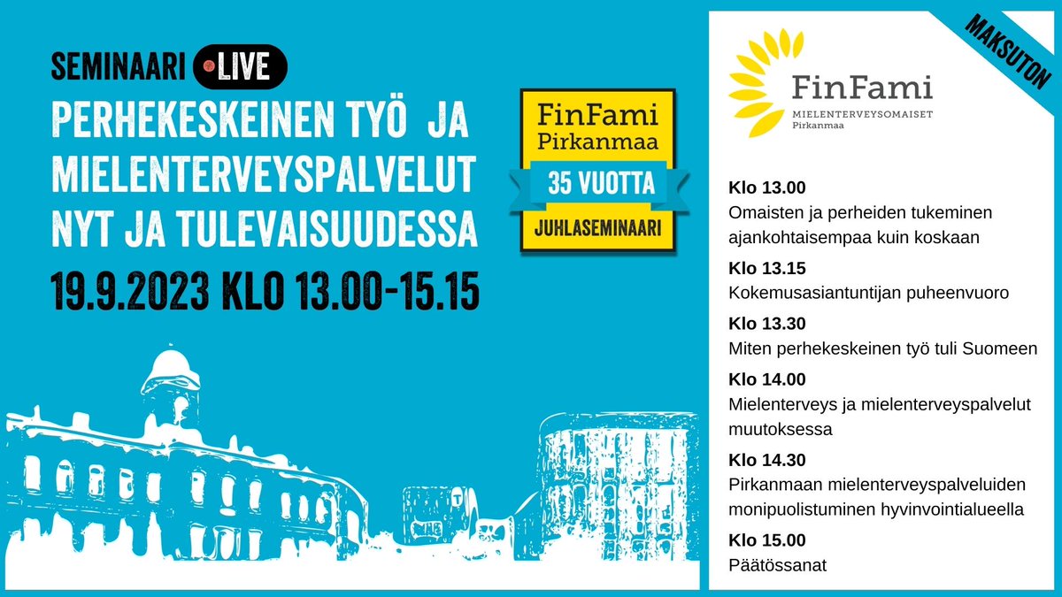 Tiistaina 19.9. puhutaan perhekeskeisestä työstä ja mielenterveyspalvelujen tulevaisuudesta. Seminaarin striimiä pääsee seuraamaan tämän linkin kautta: youtube.com/watch?v=FtoeqE…

Haluatko paikan päälle seminaariin?
 -> Ilmoittaudu finfamipirkanmaa.fi/koulutukset/

#tayspsykiatria #pirha