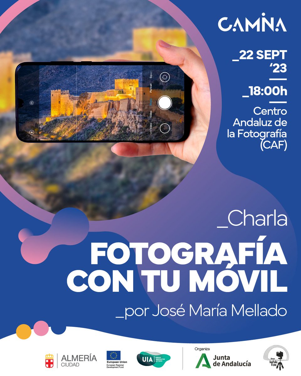 CulturaAlmeria's tweet image. El próximo día 22 de septiembre en el #CentroAndaluzdelaFotografía  el fotógrafo y escritor José María Mellado dará una charla sobre "Fotografía con tu móvil"📱
🕰️a 18:00h
👉entrada libre hasta completar aforo
@CulturaAND @CulturaCuenta #ProyectoCAMINA