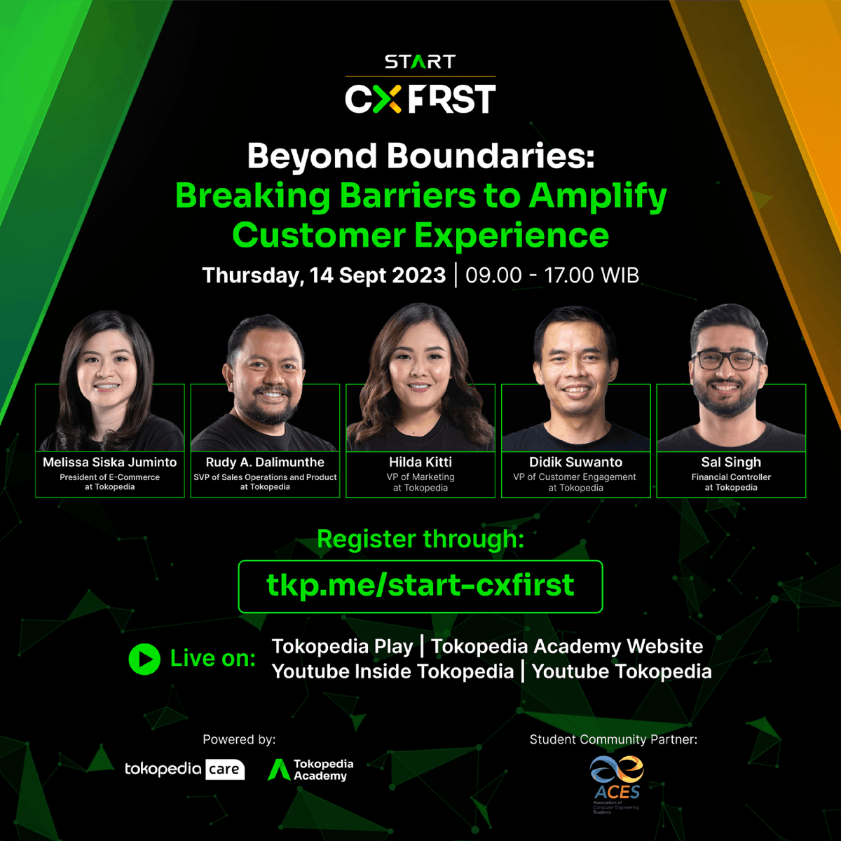 Yuk Daftar START CX FIRST Summit 2023 yang Bertemakan “Beyond Boundaries: Breaking Barriers to Amplify Customer Experience" dengan topik-topik menarik seputar Customer Experience.

Daftar sekarang di tkp.me/start-cxfirst 

#CXFIRSTSummit2023 
#TokopediaCare