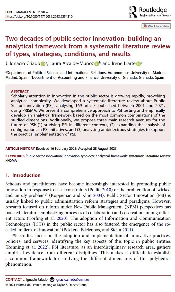 J. Ignacio Criado (@jicriado) on Twitter photo Very proud of having this paper out <a href="/PMReview_/">Public Management Review</a> with <a href="/lauraugr/">Laura Alcaide-Muñoz</a> <a href="/irenelco/">Irene Liarte</a>
"Two decades of public sector innovation: building an analytical framework from a systematic literature review of types, strategies, conditions, and results"
Free online copies 👇
tandfonline.com/eprint/Q3FK2FZ… Very proud of having this paper out <a href="/PMReview_/">Public Management Review</a> with <a href="/lauraugr/">Laura Alcaide-Muñoz</a> <a href="/irenelco/">Irene Liarte</a>
"Two decades of public sector innovation: building an analytical framework from a systematic literature review of types, strategies, conditions, and results"
Free online copies 👇
tandfonline.com/eprint/Q3FK2FZ…