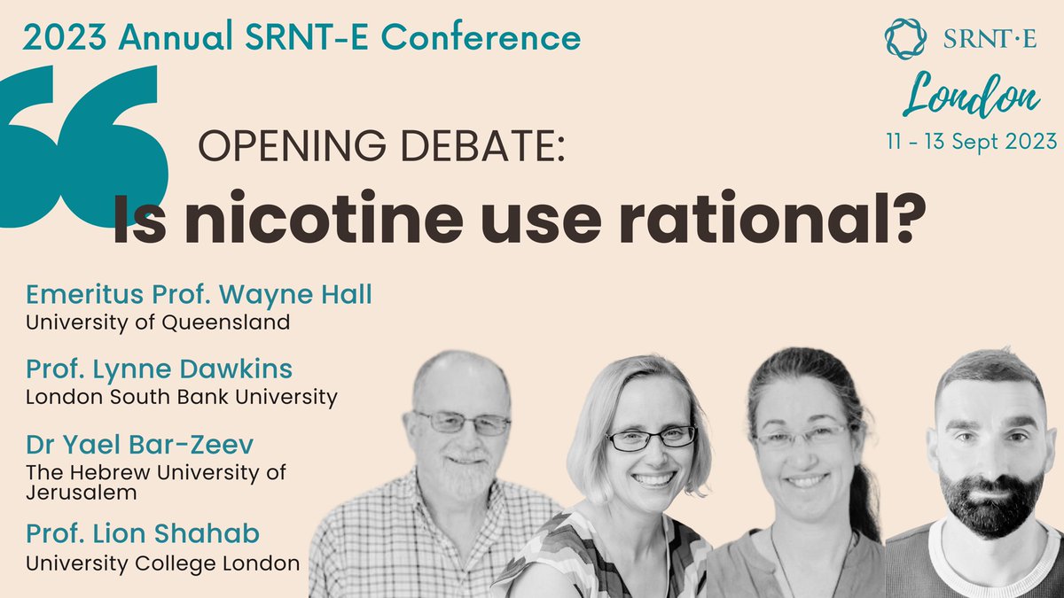 Join us at 12:45 for the grand opening of #SRNTE2023! 🎉 We're kicking off with a thought-provoking debate: 'Is nicotine use rational?' Featuring @LionShahab, @LynneDawkins, @yaelbarzeev, and Wayne Hall, chaired by @caitlinnuea.