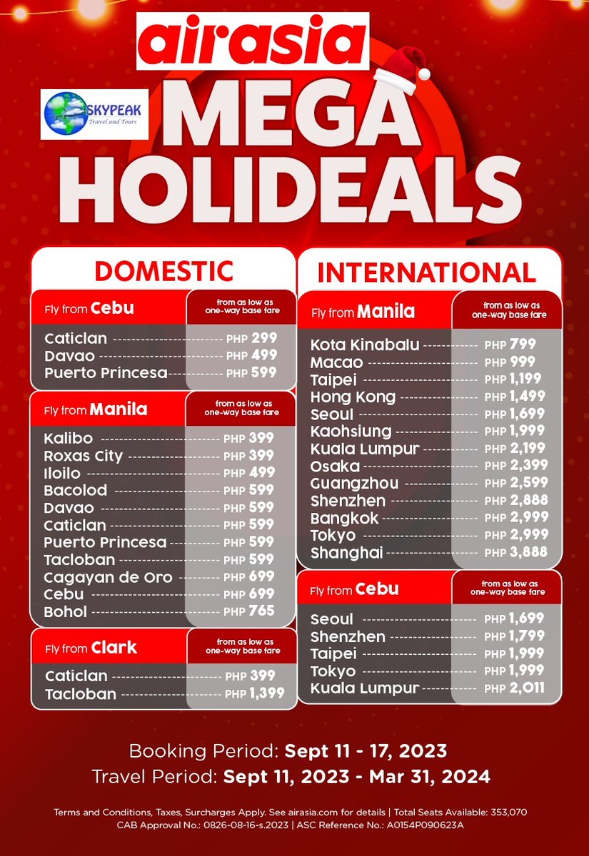 sky_peak's tweet photo. #AirAsia Domestic &amp; International Flights seat sale @AirAsiaFilipino @airasia #Skypeak Travel &amp; Tours visit our fb 4 details https://t.co/JONIgLicX2 #airasiaPH #airasiaSuperApp #FlyAirAsia #airasiaDeals #FlyForLove #WeDoitBest #FlywithAirAsia #FlywiththeChampion #seatsale https://t.co/RbJCDPo4tI