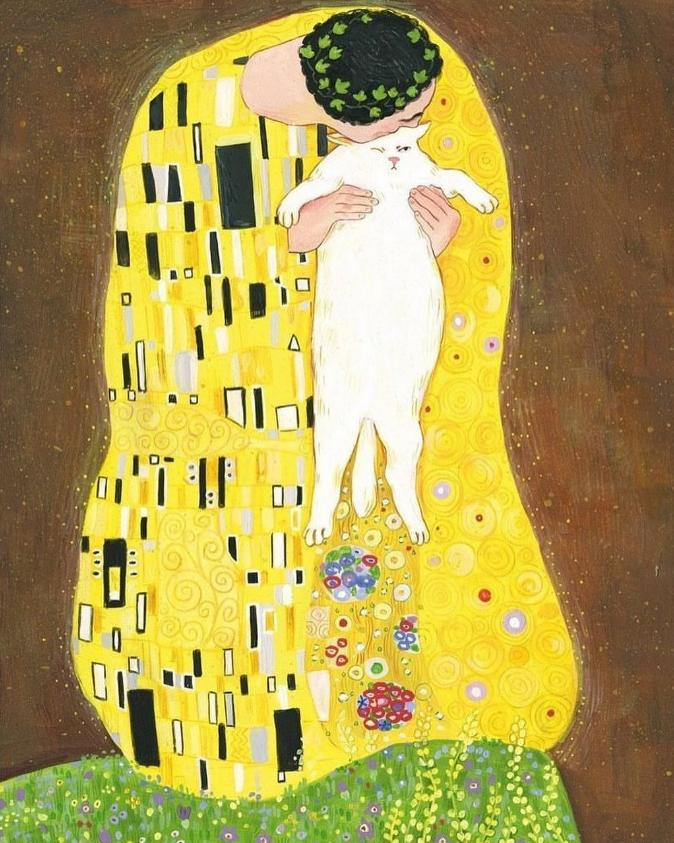 クリムトの有名な絵画《接吻》をアレンジして猫を抱き上げた身振りに