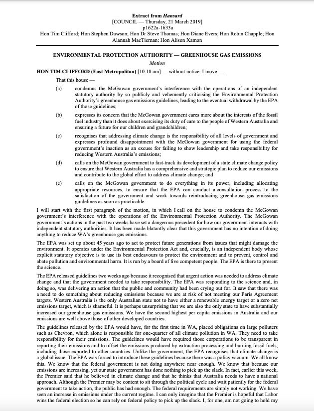 timclifford_'s tweet photo. In light of the recent ABC article exposing the level of interference into the EPA by former Premier Mark McGowan. I thought I would share a motion and one of many questions I put forward in early 2019 questioning his actions.
@KathrynDiss #auspol #wapol 
https://t.co/vpTE9exXj1 https://t.co/U7ANUL3yrg