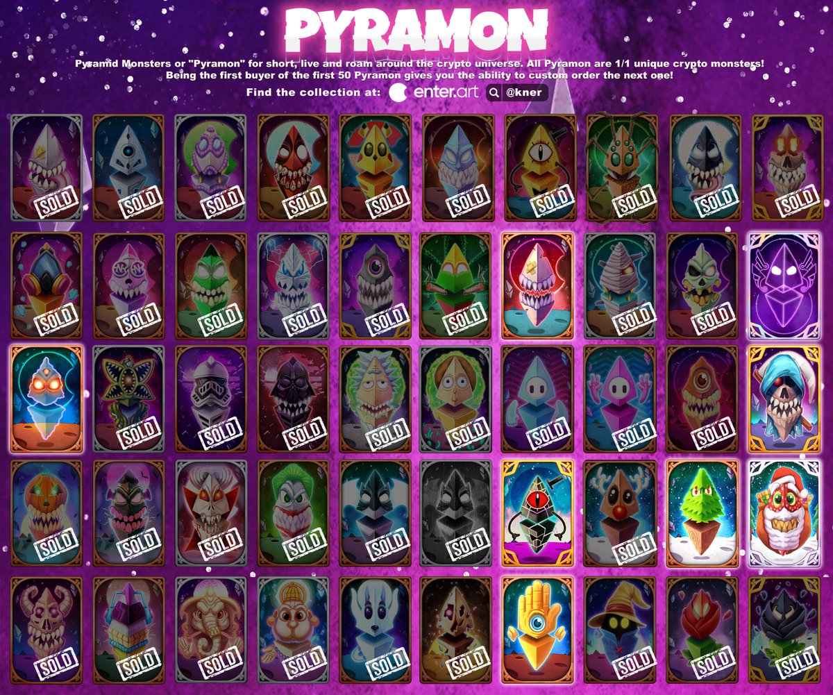 Sevastianos Ntzokas (Kner) (@knerntzokas) on Twitter photo 42/50 SOLD! Almost all GEN 1 Pyramon have been already sold!
Only 8 first mints available so get your hands on them as we progress to GEN 2 with more project surprises!
Thanks to <a href="/EnterNFT/">enter - NFT ecosystem ✨</a> for hosting my little monsters all this time!
$NFTART #EnterNFT #EnterART #kner #pyramon 42/50 SOLD! Almost all GEN 1 Pyramon have been already sold!
Only 8 first mints available so get your hands on them as we progress to GEN 2 with more project surprises!
Thanks to <a href="/EnterNFT/">enter - NFT ecosystem ✨</a> for hosting my little monsters all this time!
$NFTART #EnterNFT #EnterART #kner #pyramon