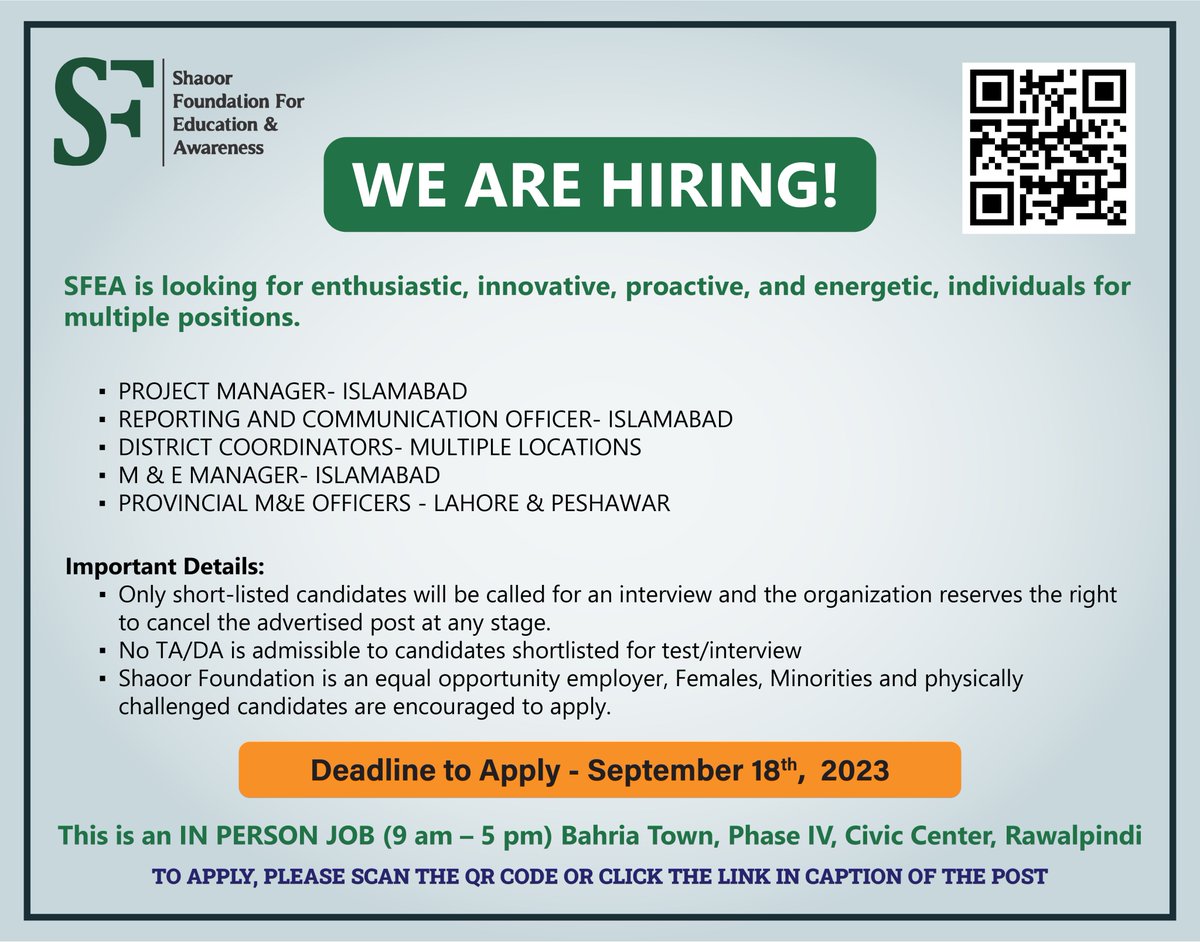 ShaoorF's tweet photo. We are Hiring! Apply ASAP. For more details visit: https://t.co/iXdZa3fY9M

@Koza_Gar @TweetsSAH @tweetswardah @zauqAkhtar1 #hiring #jobspk #pakngo #applysoon https://t.co/XZnnAvbAsd