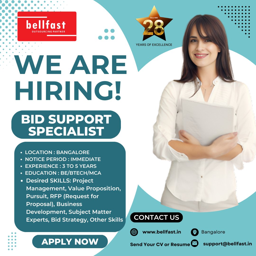 bellfast_india's tweet photo. #HiringNow : Bid Support Specialist (IT)
Location: Bangalore
Notice Period: Immediate
Experience : 3 to 5 Years
Education: BE/Btech/MCA 

#bellfasthiring #hiring #bidsupport #specialistjob #bedsupportspecialist #Jobs #bangalore https://t.co/xkIZg5zAVk