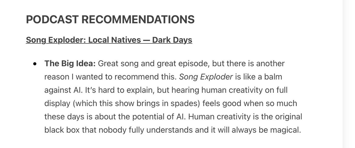 Josh Wright (@jwrightpod) on Twitter photo Just stumbled upon this gem of a <a href="/SongExploder/">Song Exploder</a> review in <a href="/erikthejones/">Erik Jones</a>' Hurt Your Brain Newsletter. “A balm against AI” is a perfect description for way Song Exploder celebrates the unparalleled magic of human creativity. Just stumbled upon this gem of a <a href="/SongExploder/">Song Exploder</a> review in <a href="/erikthejones/">Erik Jones</a>' Hurt Your Brain Newsletter. “A balm against AI” is a perfect description for way Song Exploder celebrates the unparalleled magic of human creativity.