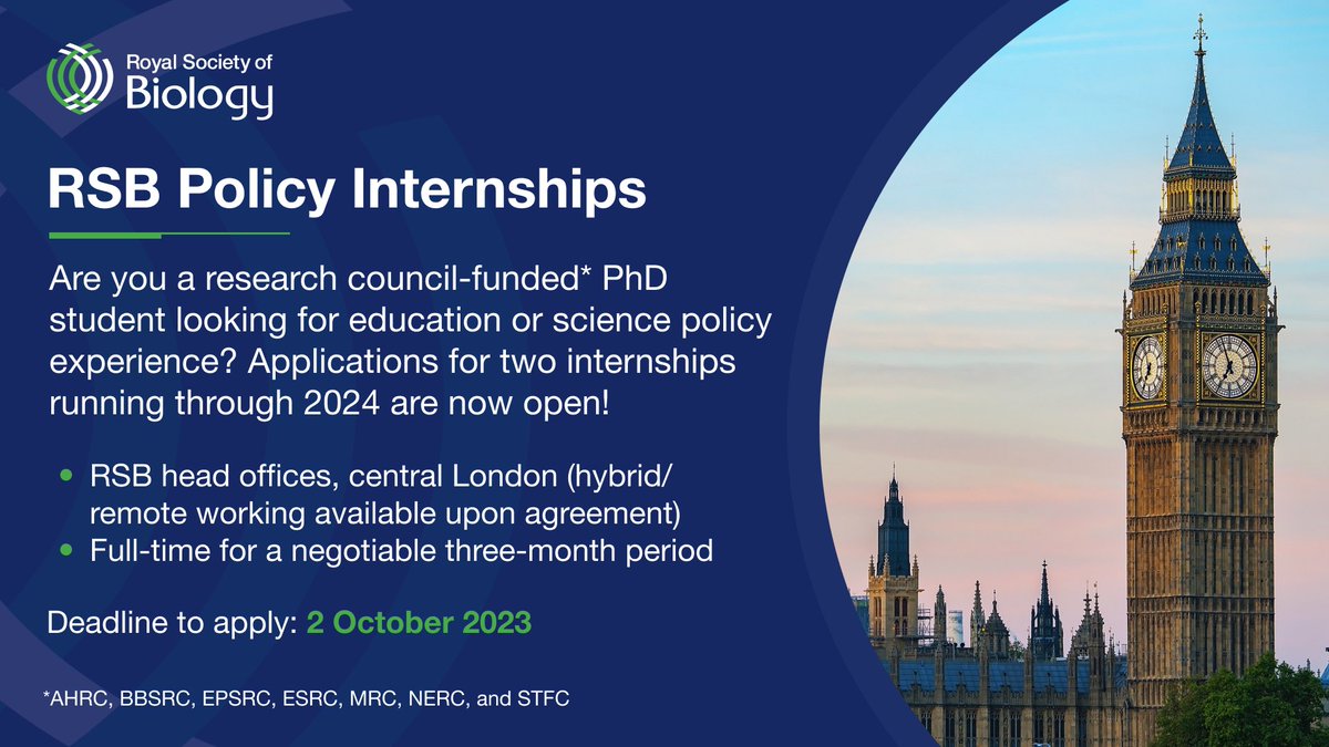 Are you a research council-funded PhD student interested in education or science policy? Applications are open for two internships running through 2024.  

Successful applicants will receive £2400 from the RSB to cover expenses.
bit.ly/3OUGZyD
#SciPol #Internship