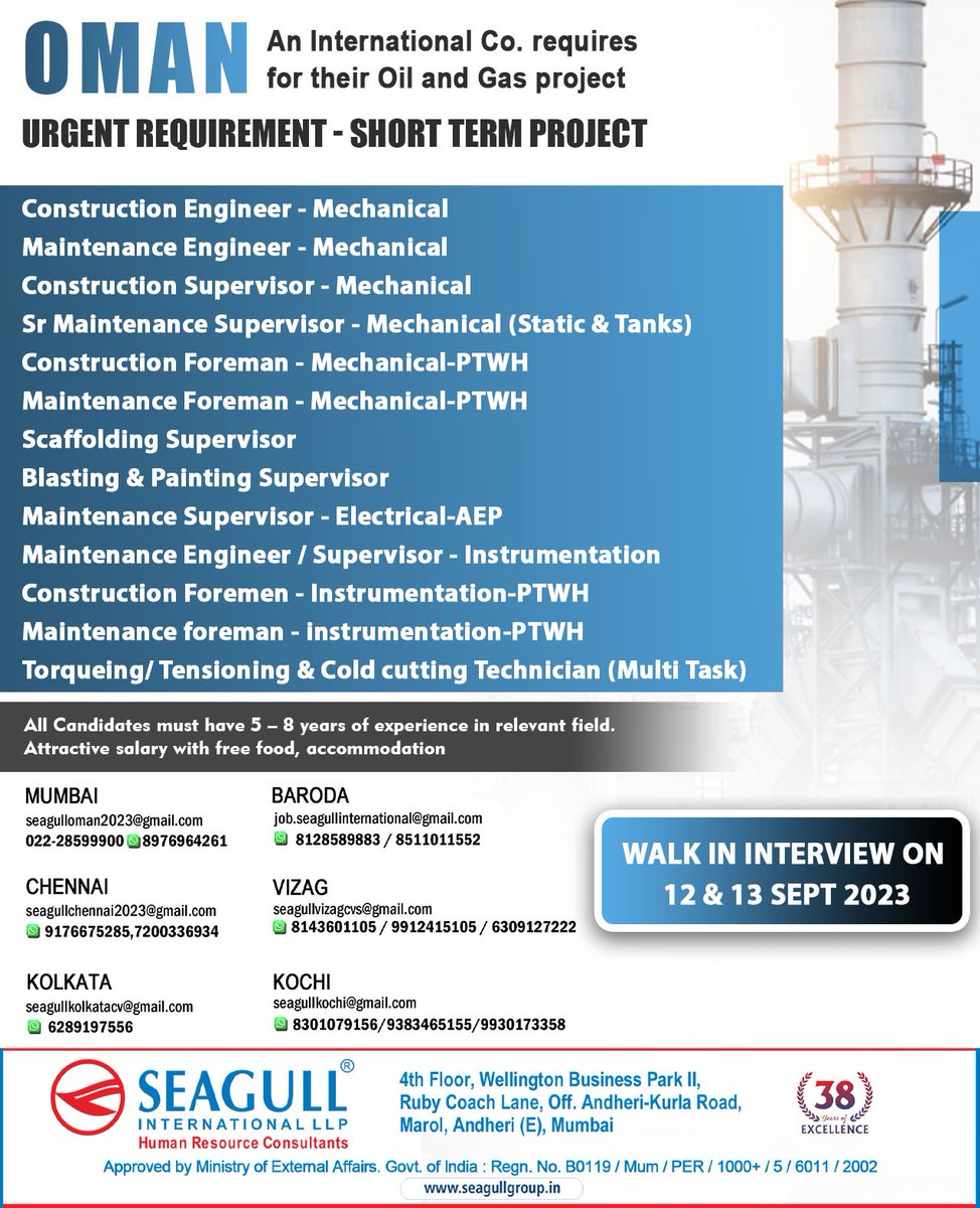 hrd1_seagull's tweet photo. 🇴🇲Oman Jobs
‼️Urgent Requirement
✔️Short Term Project
🗓️Walk In Interview On 12th & 13th September 2023
📍Location- Mumbai , Chennai, Kolkata, Baroda, Vizag, Kochi
.
.
.
#constructionengineer #maintenanceengineer #scaffoldingsupervisor #paintingsupervisor #constructionforeman https://t.co/a821fy146R