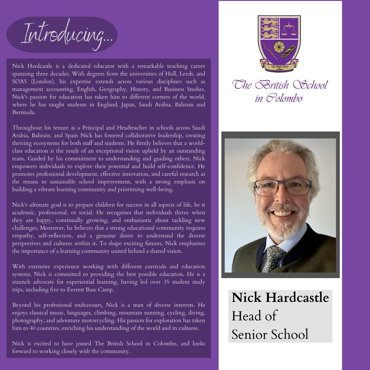 Introducing our new Head of Senior School, Mr Nick Hardcastle! #WorldClassSchool #FOBISIA #BSO #GoBSC #Education #Excellence <a href="/BSC_SSHead/">BSC Senior Head</a>