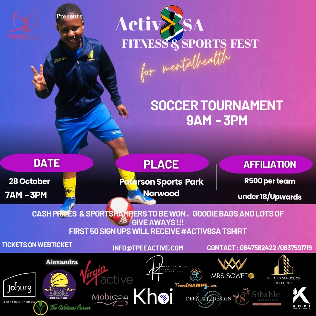peeter_t's tweet photo. Join us 4 Fitness &amp; SPORTS  for MENTAL HEALTH AWARENESS. 28 OCT. PatersonPark JHB #Activ8SA #fitness #sports #netbal #soccer #DrNandiphaMagudumana #ThaboBester #SenzoMeyiwaTrial https://t.co/WDHpKnZigl
